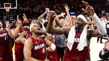 Bam Adebayo #13 of the Miami Heat celebrates with teammates after a 150-129 win against the Washington Wizards at Kaseya Center on March 10, 2026 in Miami, Florida. Adebayo passed Kobe Bryant for the second most points scored in an NBA game with 83.