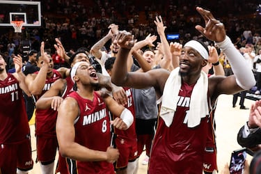 Bam Adebayo #13 of the Miami Heat celebrates with teammates after a 150-129 win against the Washington Wizards at Kaseya Center on March 10, 2026 in Miami, Florida. Adebayo passed Kobe Bryant for the second most points scored in an NBA game with 83.