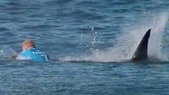 Mick Fanning intentando escapar del ataque de un tibur&oacute;n blanco en el J-Bay Open (Sud&aacute;frica) de la World Surf League (WSL).