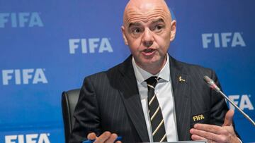 President of the International Federation of Association Football (FIFA) Gianni Infantino speaks during a press conference on October 26, 2018, after a FIFA Council meeting at the Convention Center in Kigali. (Photo by Cyril NDEGEYA / AFP)