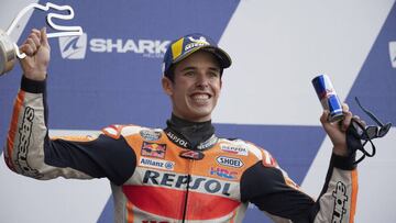 LE MANS, FRANCE - OCTOBER 11: Alex Marquez of Spain and Repsol Honda Honda celebrates second place on the podium at the end of the MotoGP race during the MotoGP of France: Race at on October 11, 2020 in Le Mans, France. (Photo by Mirco Lazzari gp/Getty Images)
