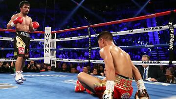 Manny Pacquiao derriba a Jessie Vargas en su &uacute;ltimo combate.