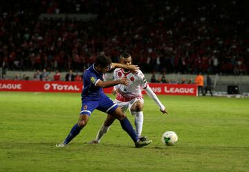 Soccer Football - CAF Champions League - Final - Wydad Casablanca vs Al Ahly Egypt - Mohammed V Stadium - Casablanca, Morocco - November 4, 2017 Al Ahly's Hussein Sayed in action with Wydad's Ismail El Haddad     REUTERS/Youssef Boudlal