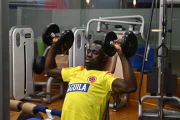 Los jugadores de la Selección Colombia haciendo gimnasio en su segundo día de entrenamiento en la concentración ubicada en Japón. 