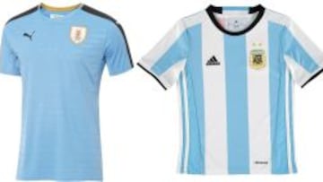 Las camisetas de la selección de Uruguay y la de la selección Argentina.