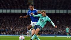 Leicester City's Kiernan Dewsbury-Hall shoots under pressure from Everton's Yerry Mina during the Premier League match at Goodison Park, Liverpool. Picture date: Wednesday April 20, 2022. (Photo by Tim Goode/PA Images via Getty Images)