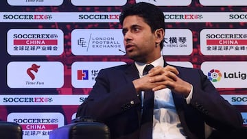 Nasser Al-Khelaifi, presidente del PSG, anunciando el acuerdo con Desports el pasado mi&eacute;rcoles durante el congreso Soccerex celebrado en Zhuhai (China).