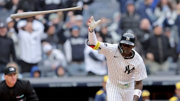 Mar 30, 2025; Bronx, New York, USA; New York Yankees second baseman Jazz Chisholm Jr. (13) flips his bat after hitting a three run home run against the Milwaukee Brewers during the seventh inning at Yankee Stadium. Mandatory Credit: Brad Penner-Imagn Images