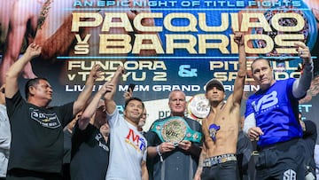 LAS VEGAS, NEVADA - JULY 18: (L-R) Trainers Buboy Fernandez and Freddie Roach, Manny Pacquiao, TGB Promotions President Tom Brown, WBC welterweight champion Mario Barrios and his head coach Bob Santos pose during a ceremonial weigh-in at MGM Grand Garden Arena on July 18, 2025 in Las Vegas, Nevada. Barrios is scheduled to defend his title against Pacquiao, who announced he was coming out of retirement nearly four years after his last fight, on July 19. Ethan Miller/Getty Images/AFP (Photo by Ethan Miller / GETTY IMAGES NORTH AMERICA / Getty Images via AFP)