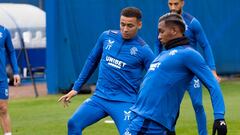 James Tavernier y Alfredo Morelos durante el entrenamiento de Rangers previo al juego ante Liverpool por Champions League.