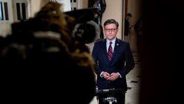 Rep. Mike Johnson (R-LA) speaks during a television interview near the House floor at the U.S. Capitol in Washington, D.C., U.S., January 10, 2023. REUTERS/Sarah Silbiger