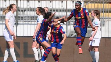 Barcelona&#039;s Nigerian forward Asisat Oshoala (2R) celebrates after scoring during the UEFA Women&#039;s Champions League quarter-final football match between FC Barcelona and Manchester City at Brianteo Stadium in Monza on March 24, 2021. (Photo by Ma