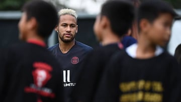 (FILES) In this file photo taken on August 2, 2019 Paris Saint-Germain&#039;s Brazilian forward Neymar (C) plays with children before a training session at the Shenzhen Universiade Stadium in Shenzhen on the eve of the French Trophy of Champions football 
