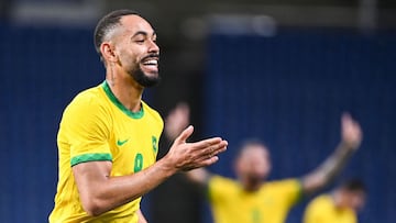 (FILES) In this file photo taken on July 31, 2021 Brazil&#039;s forward Matheus Cunha celebrates after scoring a goal during the Tokyo 2020 Olympic Games men&#039;s quarter-final football match between Brazil and Egypt at Saitama Stadium in Saitama. - Atl