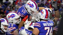 ORCHARD PARK, NEW YORK - JANUARY 15: Khalil Shakir #10 of the Buffalo Bills celebrates his touchdown against the Pittsburgh Steelers during the fourth quarter at Highmark Stadium on January 15, 2024 in Orchard Park, New York.   Timothy T Ludwig/Getty Images/AFP (Photo by Timothy T Ludwig / GETTY IMAGES NORTH AMERICA / Getty Images via AFP)