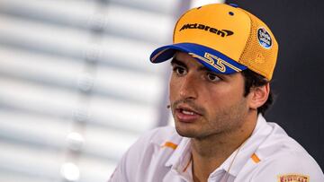 McLaren&#039;s Spanish driver Carlos Sainz Jr addresses the drivers&#039; press conference ahead of the German Formula One Grand Prix at the Hockenheim racing circuit on July 25, 2019 in Hockenheim, southern Germany. (Photo by ANDREJ ISAKOVIC / AFP)