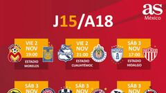 Fechas y horarios de la jornada 15 del Apertura 2018 de la Liga MX