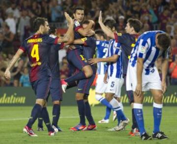 Jornada 1 / BARCELONA - REAL SOCIEDAD. Los jugadores del Barcelona celebran la victoria ante la Real Sociedad por 5-1.