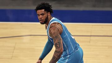 Charlotte Hornets&#039; Miles Bridges reacts after dunking in the fourth quarter of an NBA basketball game against the New York Knicks at Madison Square Garden, Saturday, May 15, 2021, in New York. (Elsa/Pool Photo via AP)