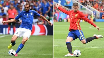  Italy&#039;s defender Giorgio Chiellini (L) and Spain&#039;s forward Alvaro Morata 
 
 