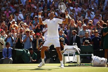 Novak Djokovic celebra su victoria en la final del Campeonato de Wimbledon 2018.