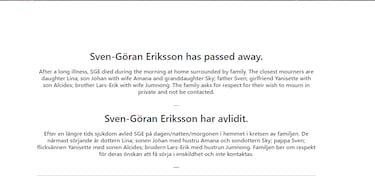 Las ¨²ltimas palabras de Eriksson antes de su muerte: ¡°Tuve una buena vida¡±