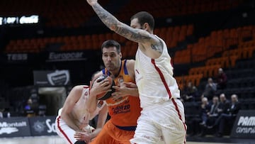 San Emeterio (Valencia Basket) penetra ante Vladimir Micov (Armani Milán) en el duelo sin público jugado el pasado 5 de marzo.