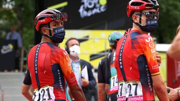 DAX, FRANCE - JULY 04: (L-R) Egan Bernal of Colombia and Carlos Rodriguez Cano of Spain and Team INEOS Grenadiers prior to the stage four of the 110th Tour de France 2023 a 181.8km stage from Dax to Nogaro / #UCIWT / on July 04, 2023 in Dax, France. (Photo by Michael Steele/Getty Images)