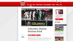 Arsenal destaca el tercer lugar de Ospina con Colombia