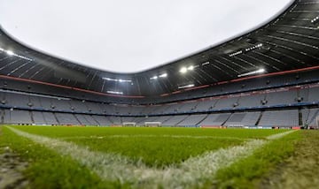 The pitch at the Allianz Arena is pictured prior to a press conference ahead of the UEFA Champions League Group B match between FC Bayern Munich vs PSG Paris, in Munich, southern Germany