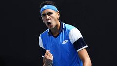 MELBOURNE, AUSTRALIA - JANUARY 21:  Alejandro Tabilo of Chile celebrates after winning a point during his Men&#039;s Singles first round match against Daniel Elahi Galan of Colombia on day two of the 2020 Australian Open at Melbourne Park on January 21, 2020 in Melbourne, Australia. (Photo by Quinn Rooney/Getty Images)