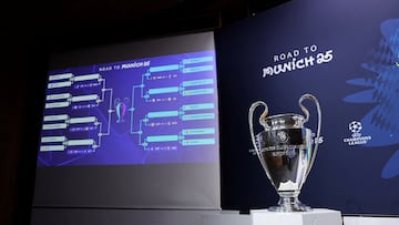 Soccer Football - Champions League - Knockout Phase Playoff Draw - UEFA Headquarters, Nyon, Switzerland - January 31, 2025 General view of the Champions League trophy as the completed draw is seen on a big screen REUTERS/Denis Balibouse