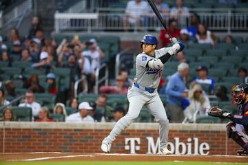 Shohei Ohtani (17) bats against the Atlanta Braves in the first inning at Truist Park.