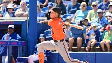 DUNEDIN, FLORIDA - MARCH 19: Jackson Holliday #87 of the Baltimore Orioles hits a ground ball in the fourth inning against the Toronto Blue Jays during a 2024 Grapefruit League Spring Training game at TD Ballpark on March 19, 2024 in Dunedin, Florida.   Julio Aguilar/Getty Images/AFP (Photo by Julio Aguilar / GETTY IMAGES NORTH AMERICA / Getty Images via AFP)