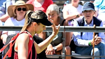 Spain's Paula Badosa leaves the court after she retired due to injury as she played against China's Xinyu Wang in their women's singles tennis match during the Berlin Open WTA tennis tournament in Berlin, on June 20, 2025. (Photo by Tobias SCHWARZ / AFP)