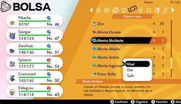 El uso de las Mentas es sencillo: seleccionas el Pokémon y pinchamos en "Usar".