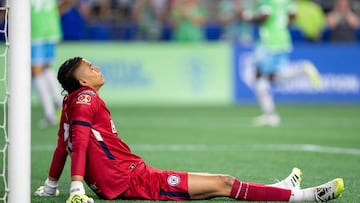 Jul 31, 2025; Seattle, Washington, USA; Cruz Azul goalkeeper Kevin Mier (23) sits on the field of giving up a goal during the second half against the Seattle Sounders at Lumen Field. Mandatory Credit: Stephen Brashear-Imagn Images