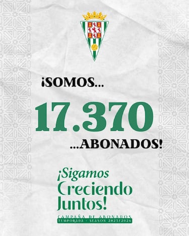 El Córdoba llega a su récord histórico de abonados, 17.370