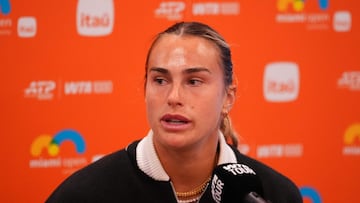 MIAMI GARDENS, FLORIDA - MARCH 17: Aryna Sabalenka of Belarus speaks to the media on day 1 of the Miami Open at Hard Rock Stadium on March 17, 2026 in Miami Gardens, Florida. Rich Storry/Getty Images/AFP (Photo by Rich Storry / GETTY IMAGES NORTH AMERICA / Getty Images via AFP)