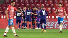 Real Valladolid&#039;s Brazilian forward Marcos Andre (C) celebrates with teammates after scoring a goal during the Spanish League football match between Granada FC and Real Valladolid FC at the Nuevo Los Carmenes stadium in Granada on November 22, 2020. 
