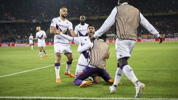 Basel (Switzerland Schweiz Suisse), 18/05/2023.- Fiorentina's Nicolas Gonzalez celebrates after his second goal during the UEFA Conference League semifinal second leg match between Switzerland's FC Basel 1893 and Italy's ACF Fiorentina at the St. Jakob-Park stadium in Basel, Switzerland,18 May 2023. (Italia, Suiza, Basilea) EFE/EPA/ENNIO LEANZA
