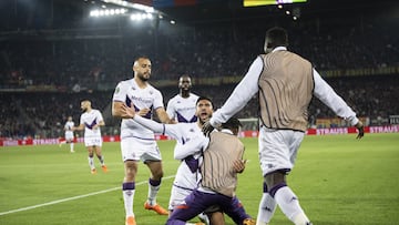 Basel (Switzerland Schweiz Suisse), 18/05/2023.- Fiorentina's Nicolas Gonzalez celebrates after his second goal during the UEFA Conference League semifinal second leg match between Switzerland's FC Basel 1893 and Italy's ACF Fiorentina at the St. Jakob-Park stadium in Basel, Switzerland,18 May 2023. (Italia, Suiza, Basilea) EFE/EPA/ENNIO LEANZA
