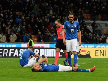 Andrea Belotti, Ciro Immobile and Leonardo Bonucci of Italy dejected at the end of the FIFA 2018 World Cup Qualifier Play-Off: Second Leg between Italy and Sweden at San Siro Stadium on November 13, 2017 in Milan.