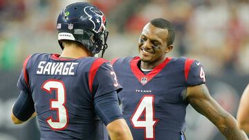 HOUSTON, TX - AUGUST 19: Tom Savage #3 of the Houston Texans i congratulated by Deshaun Watson #4 after throwin a touchdown pass in the first quarter at NRG Stadium on August 19, 2017 in Houston, Texas. (Photo by Bob Levey/Getty Images)