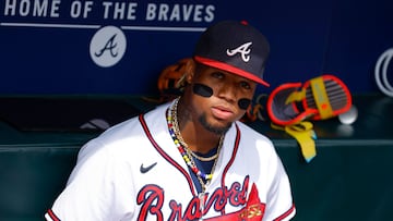 ATLANTA, GEORGIA - SEPTEMBER 20: Ronald Acuna Jr. #13 of the Atlanta Braves looks on prior to the game against the Philadelphia Phillies at Truist Park on September 20, 2023 in Atlanta, Georgia.   Todd Kirkland/Getty Images/AFP (Photo by Todd Kirkland / GETTY IMAGES NORTH AMERICA / Getty Images via AFP)