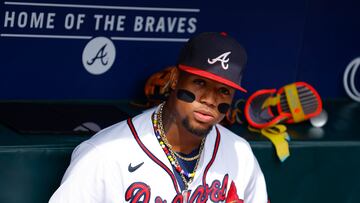 ATLANTA, GEORGIA - SEPTEMBER 20: Ronald Acuna Jr. #13 of the Atlanta Braves looks on prior to the game against the Philadelphia Phillies at Truist Park on September 20, 2023 in Atlanta, Georgia.   Todd Kirkland/Getty Images/AFP (Photo by Todd Kirkland / GETTY IMAGES NORTH AMERICA / Getty Images via AFP)