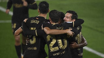 VIGO, SPAIN - OCTOBER 01: Lionel Messi of Barcelona celebrates after scoring his team's second goal during the La Liga Santander match between RC Celta and FC Barcelona at Abanca-Balaídos on October 01, 2020 in Vigo, Spain. Football Stadiums a