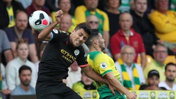 Soccer Football - Premier League - Norwich City v Manchester City - Carrow Road, Norwich, Britain - September 14, 2019  Manchester City&#039;s Rodri in action with Norwich City&#039;s Emiliano Buendia  REUTERS/Chris Radburn  EDITORIAL USE ONLY. No use wit