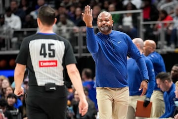 Head coach J.B. Bickerstaff of the Detroit Pistons reacts against referee Brian Forte #45 during the third quarter against the Oklahoma City Thunder at Little Caesars Arena on March 15, 2025 in Detroit, Michigan.