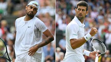 (COMBO) This combination of pictures created on July 9, 2022 shows Australia's Nick Kyrgios (L) reacting during his men's singles quarter final tennis match on the tenth day of the 2022 Wimbledon Championships at The All England Tennis Club in Wimbledon, southwest London, on July 6, 2022 and Serbia's Novak Djokovic celebrating his victory during his men's singles tennis match on the third day of the 2022 Wimbledon Championships at The All England Tennis Club in Wimbledon, southwest London, on June 29, 2022. - Australia's Nick Kyrgios will face Serbia's Novak Djokovic during the Wimbledon Championships final match on July 10, 2022. (Photo by Glyn KIRK and SEBASTIEN BOZON / AFP) / RESTRICTED TO EDITORIAL USE